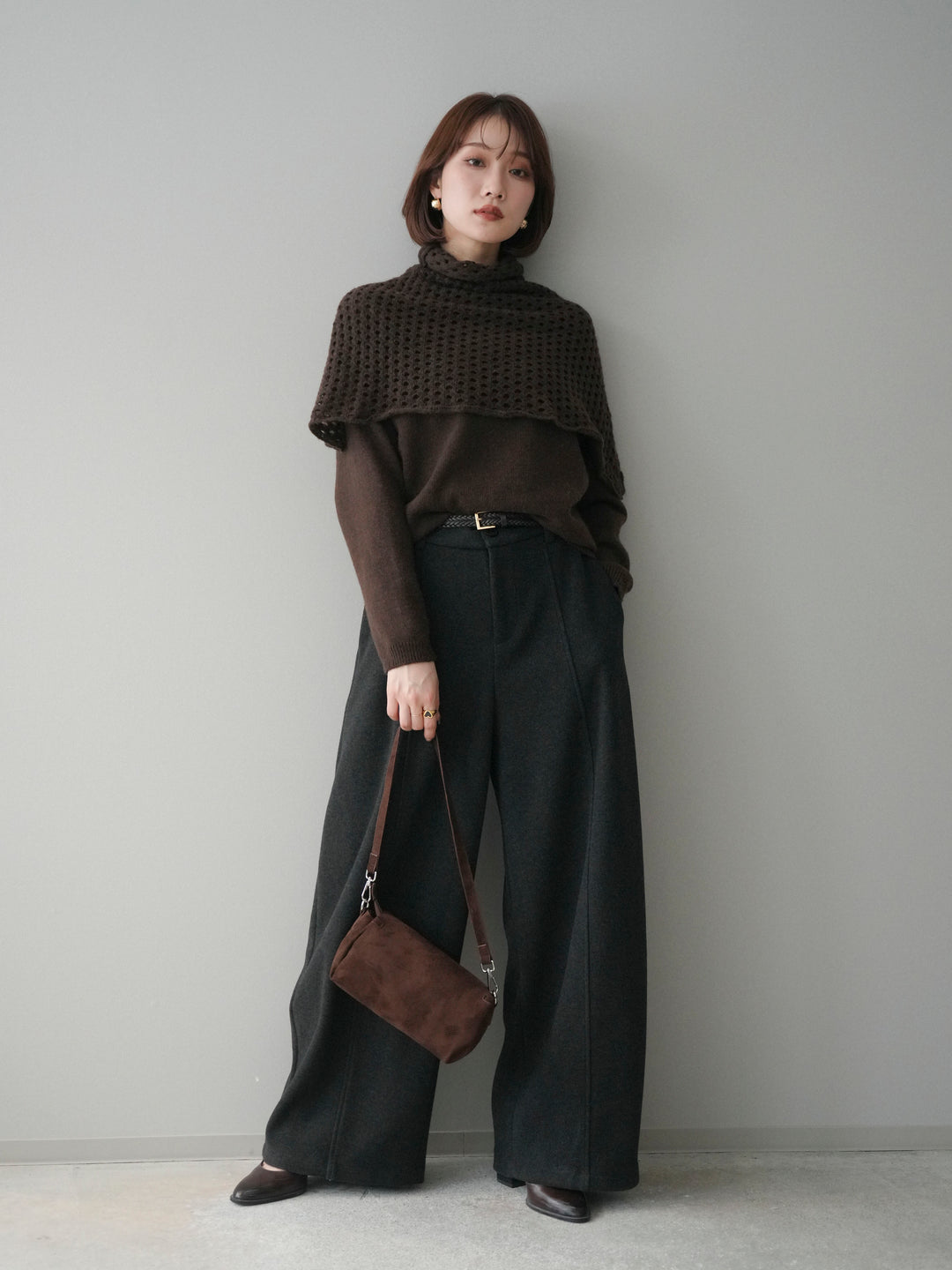 [予約]メッシュケープアンサンブルニットプルオーバー/brown