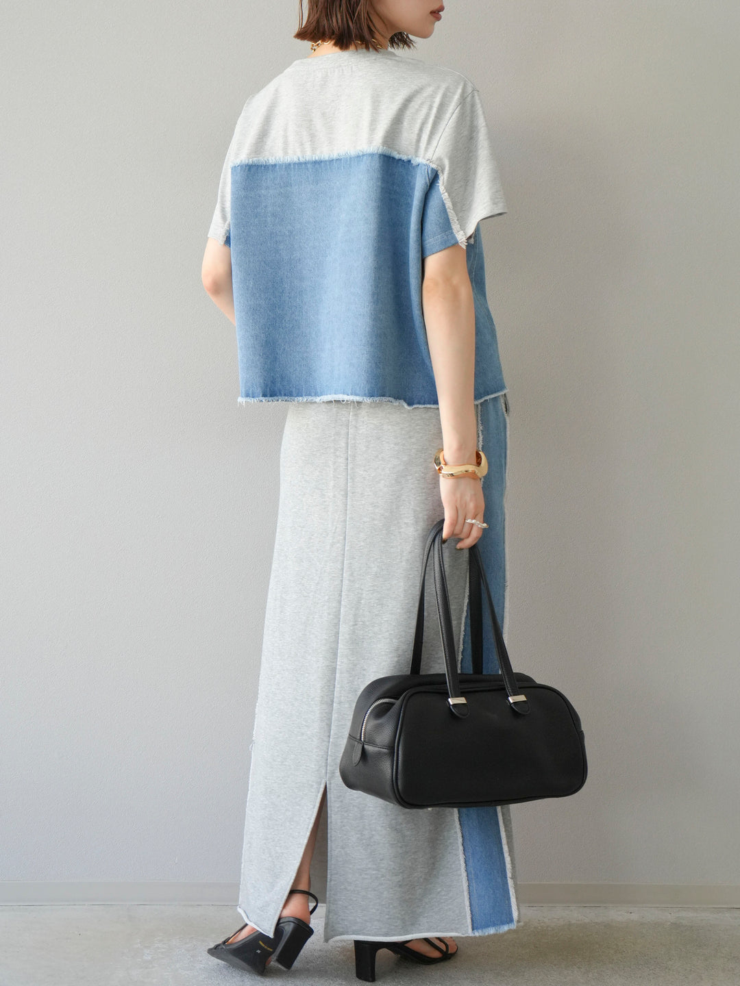 [予約]デニムドッキングスウェットスカート/グレー