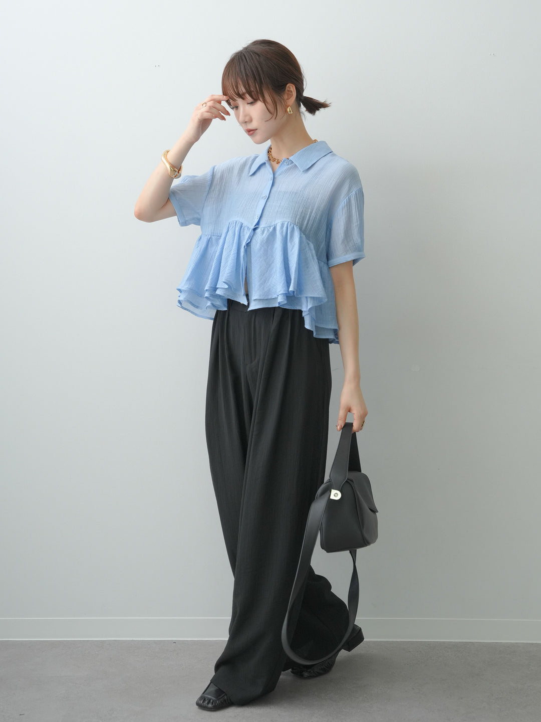 [予約]ベルト付ワッシャーライトワイドパンツ/black