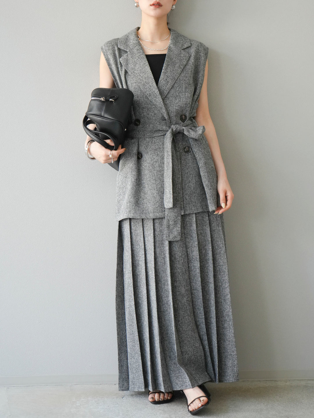 [予約]ミックスツイードプリーツスカート/ブラック