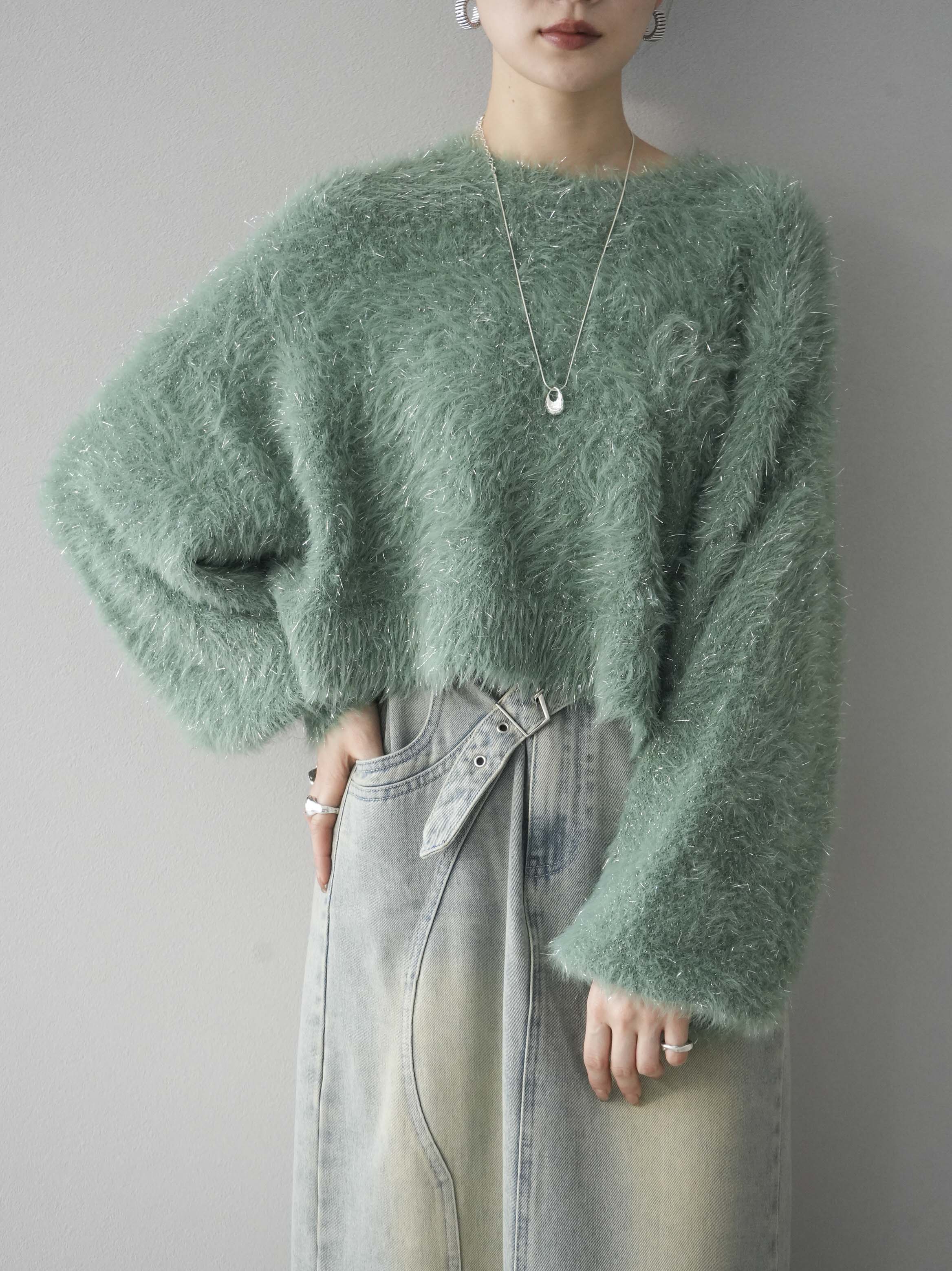 美品　UN3D. スクエアフラワーニット グリーン メッシュ ラメ リブ ❤︎美品❤︎UN3D. スクエアフラワーニット グリーン メッシュ ラメ