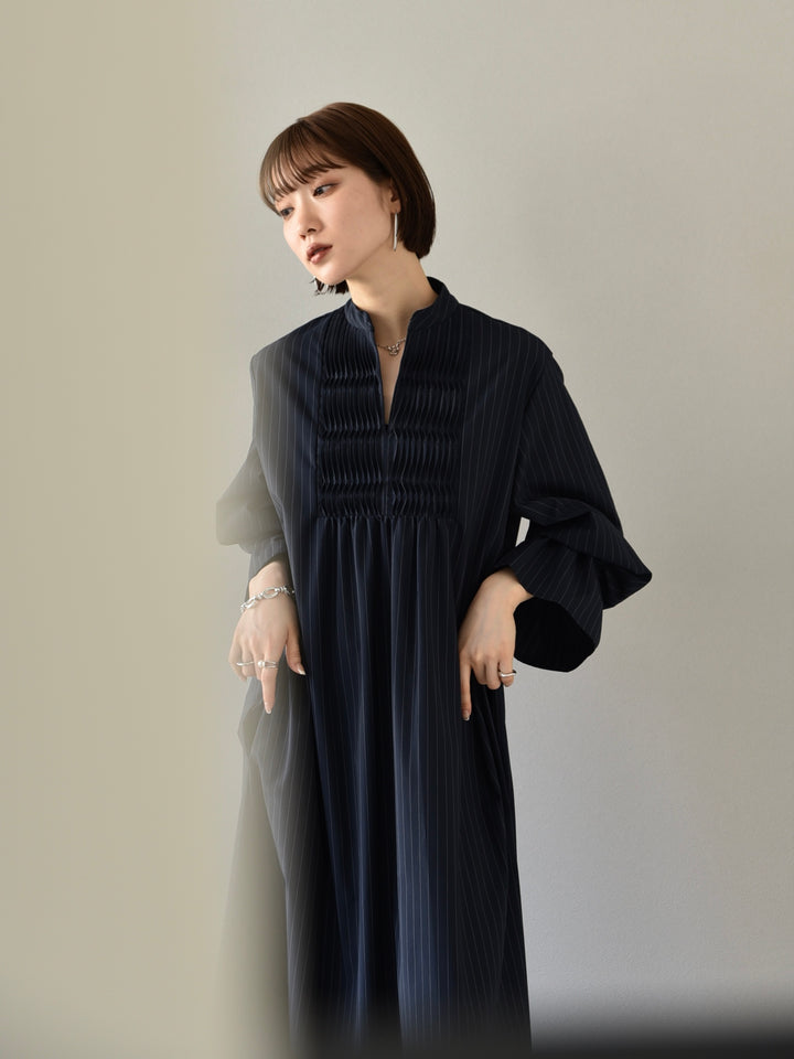 [Pre-order] SUSTAINABLE DESIGN PINTUCK STRIPE SHIRT ONE-PIECE/NAVY