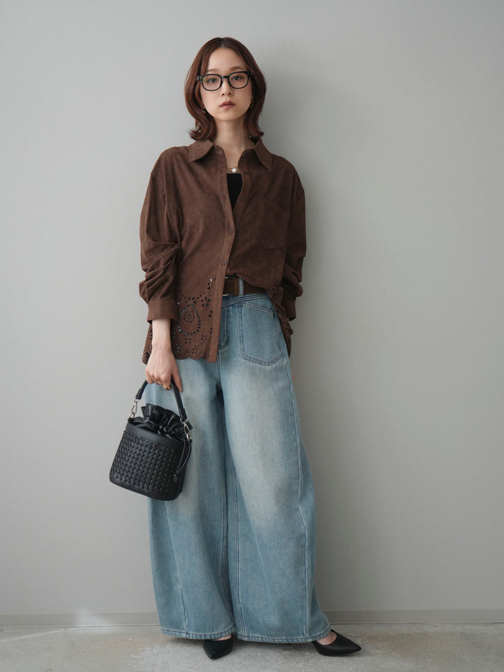 [SET]裾スカラップスエードシャツ+ベルト付裏起毛カーブデニムパンツ(2set)