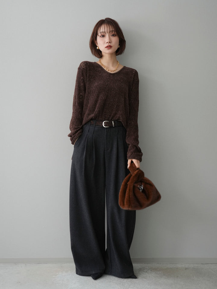 [予約]モール透かし編みニットトップス/brown