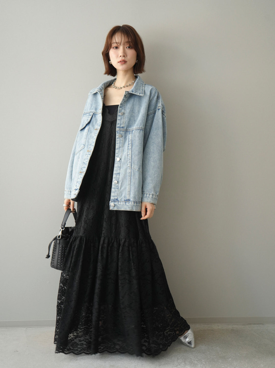 [予約]ギャザー切替レースキャミワンピース/black