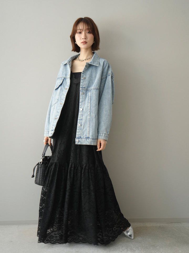 [予約]ギャザー切替レースキャミワンピース/black