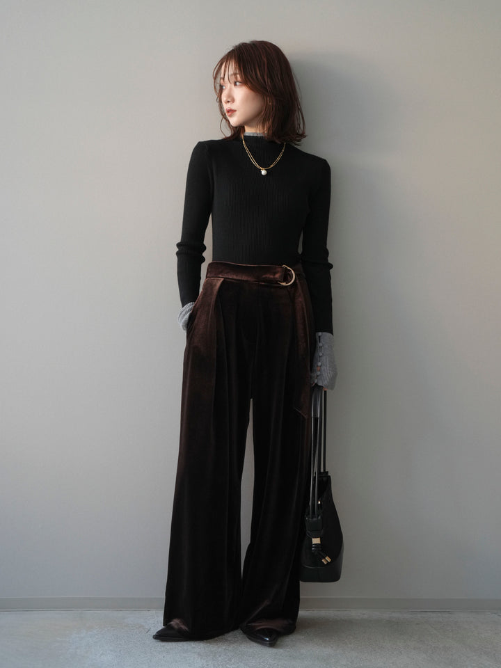 [SET]袖ボタンハイネック配色リブニットトップス+ベロアベルトスリムパンツ(2set)