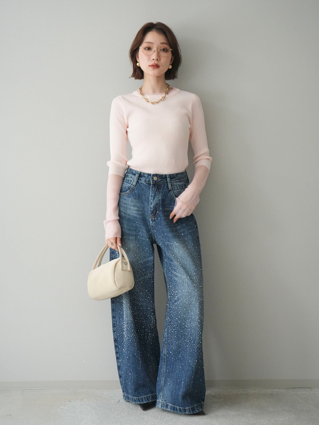 [予約]リブラメシアー切替リブニットトップス/pink