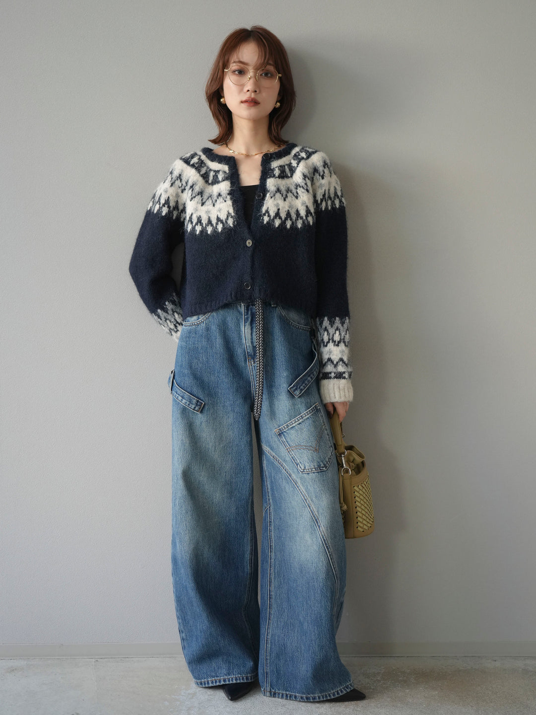 【着回しセット】[SET]求心柄クロップドニットカーディガン+ミックスヤーンペイズリー柄ニットカーディガン+ペインターカーブデニムパンツ(3set)