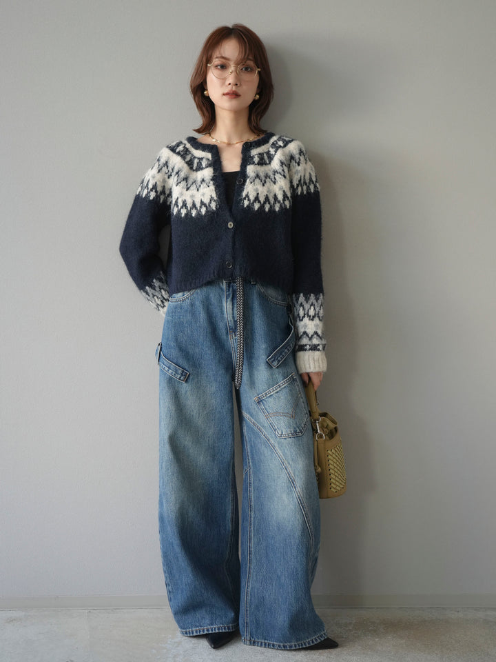 【着回しセット】[SET]求心柄クロップドニットカーディガン+ミックスヤーンペイズリー柄ニットカーディガン+ペインターカーブデニムパンツ(3set)
