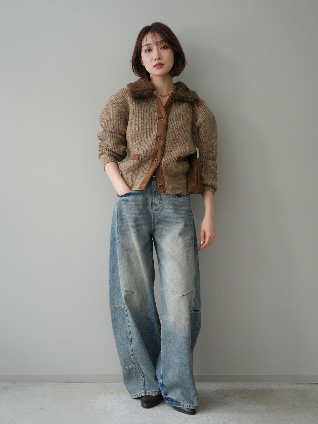 [予約]襟ボアミックスヤーンニットカーディガン/brown