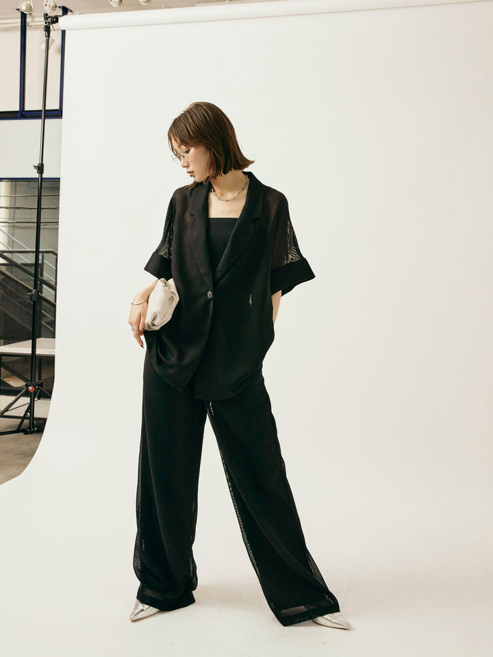 [予約]メッシュタックワイドパンツ/ブラック