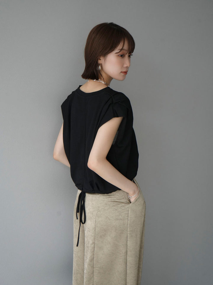 [Pre-order] Tuck shoulder hem drawstring ribbon top/Black