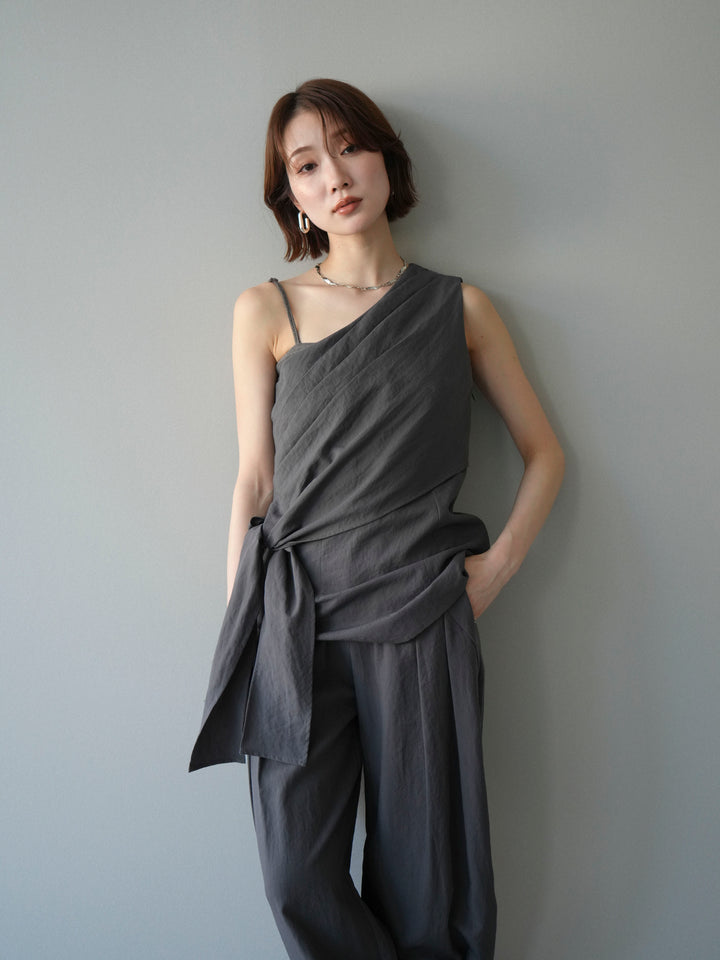 【套裝】單肩上衣+裹身褶皺闊腿褲（兩件套）