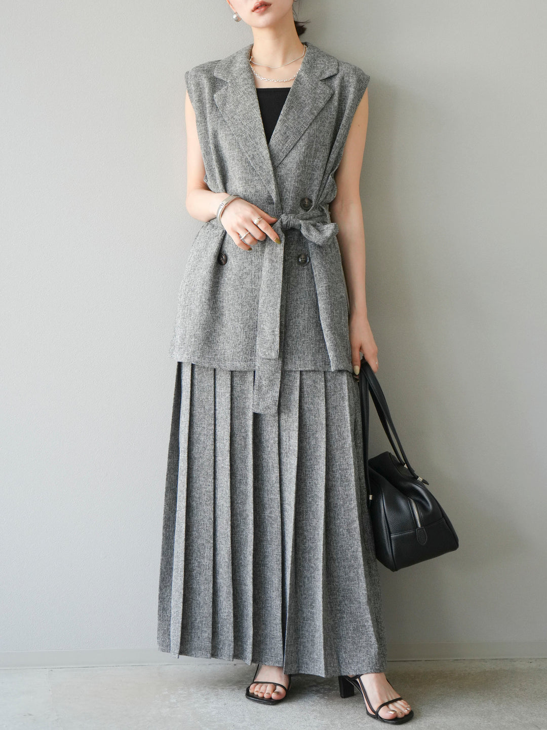 [予約]ミックスツイードプリーツスカート/ブラック