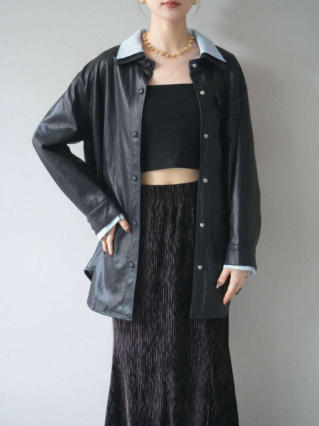 [予約]シャツレイヤードデザインレザージャケット/black