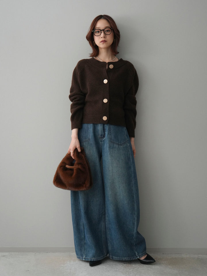 [SET]BIGボタンニットカーディガン+ベルト付裏起毛カーブデニムパンツ(2set)