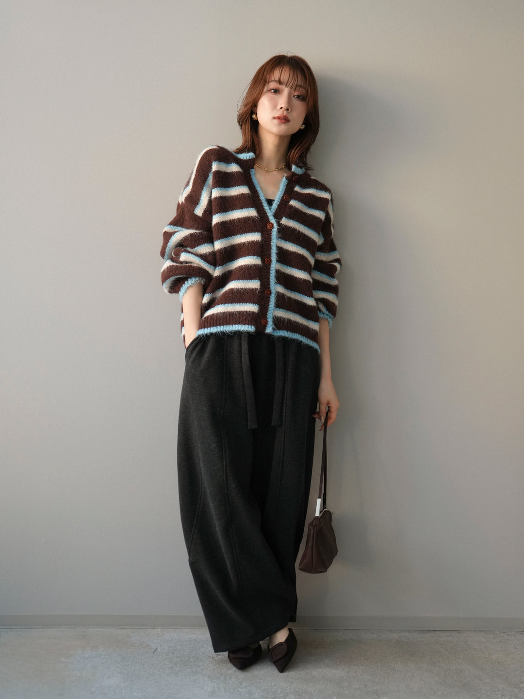 [予約]ウールタッチ配色ボーダーニットカーディガン/brown
