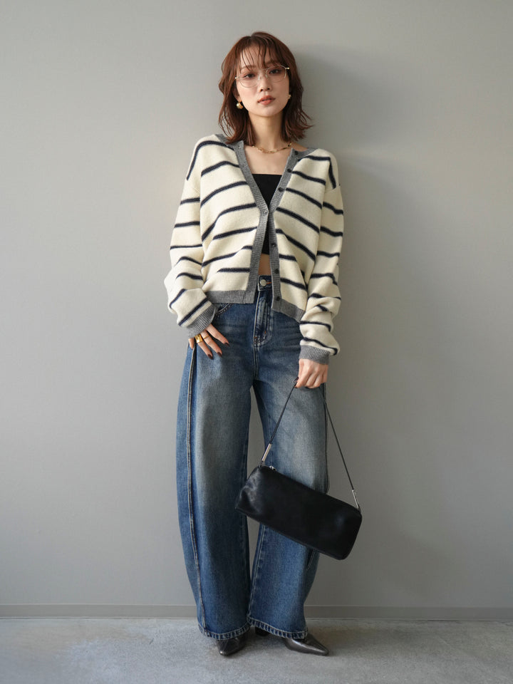 [予約]配色ボーダーニットカーディガン/apricot