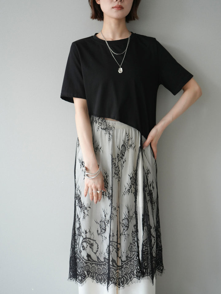 [SET]レースドッキングレイヤードワンピースTEE+とろみサテンイージーパンツ(2set)