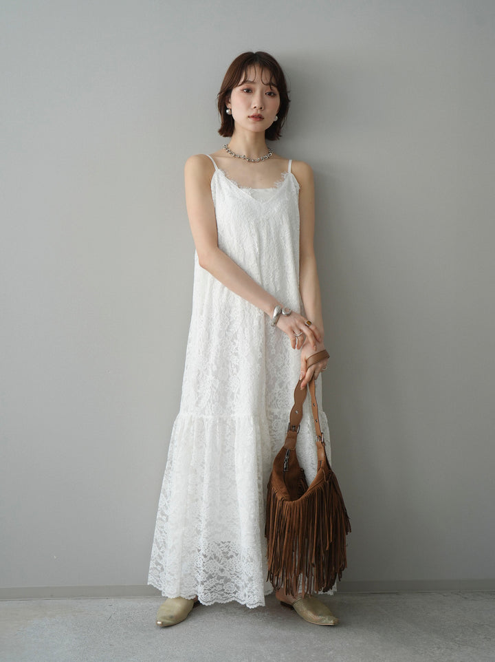 [予約]ギャザー切替レースキャミワンピース/white