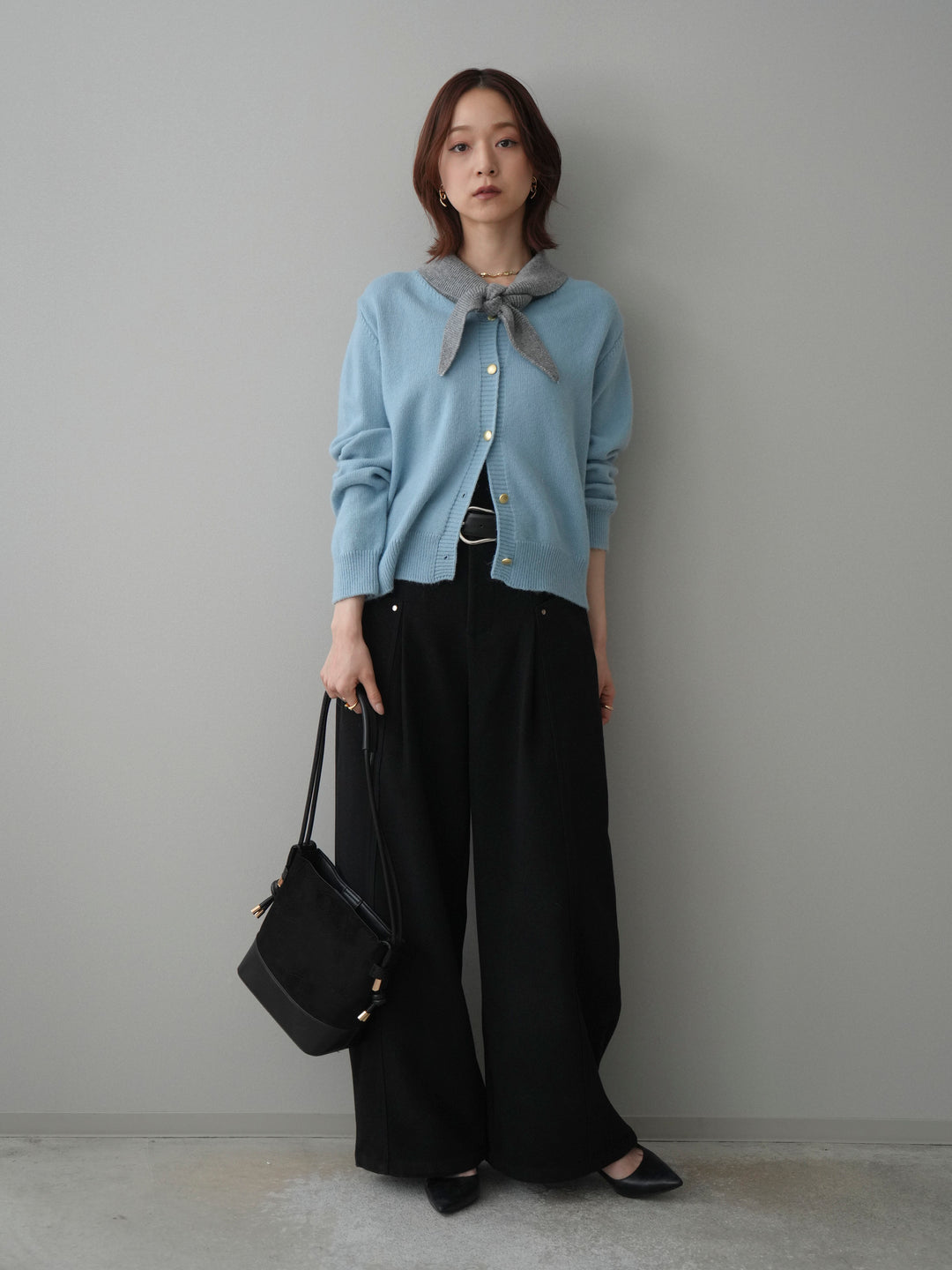 [SET]デザイン襟ニットカーディガン+ベルト付起毛コクーンパンツ(2set)