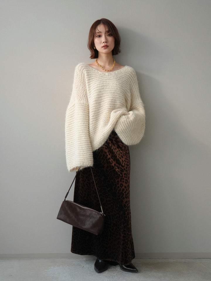 [SET]ワッフル編みシャギーニットプルオーバー+レオパードベロアナロースカート(2set)