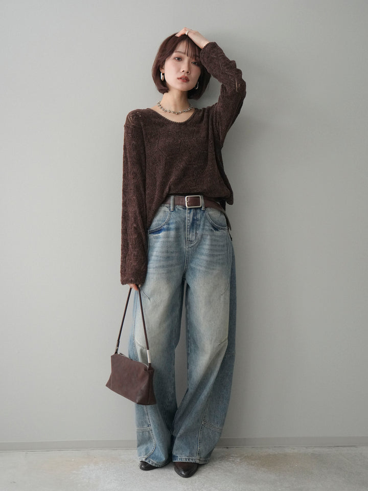 [予約]モール透かし編みニットトップス/brown