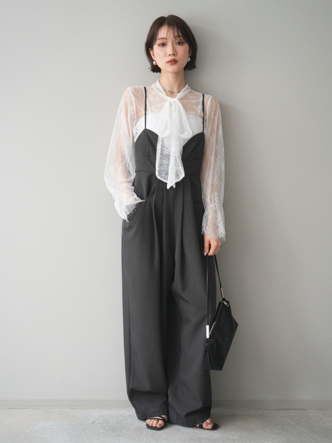 [SET]バックデザインサロペット+リバーレースボウタイトップス(2set)