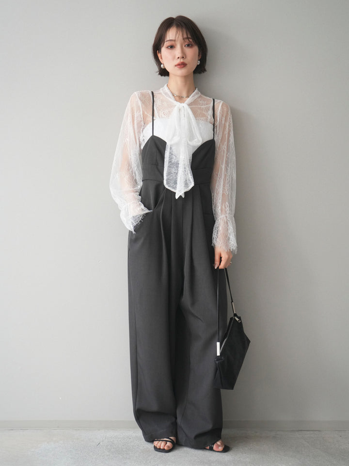 [SET]バックデザインサロペット+リバーレースボウタイトップス(2set)