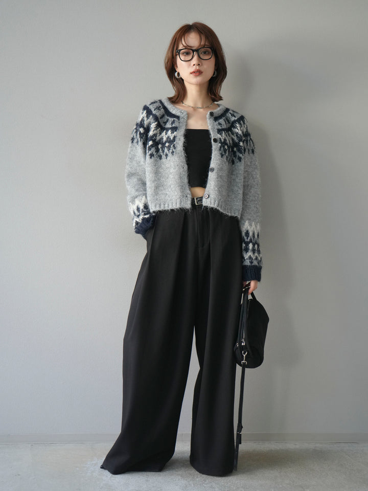 【着回しセット】[SET]求心柄クロップドニットカーディガン+異素材ミックスヤーンニットプルオーバー+ベルトループデザインワイドパンツ(3set)