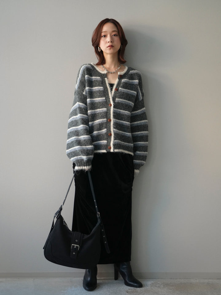 [予約]ウールタッチ配色ボーダーニットカーディガン/gray
