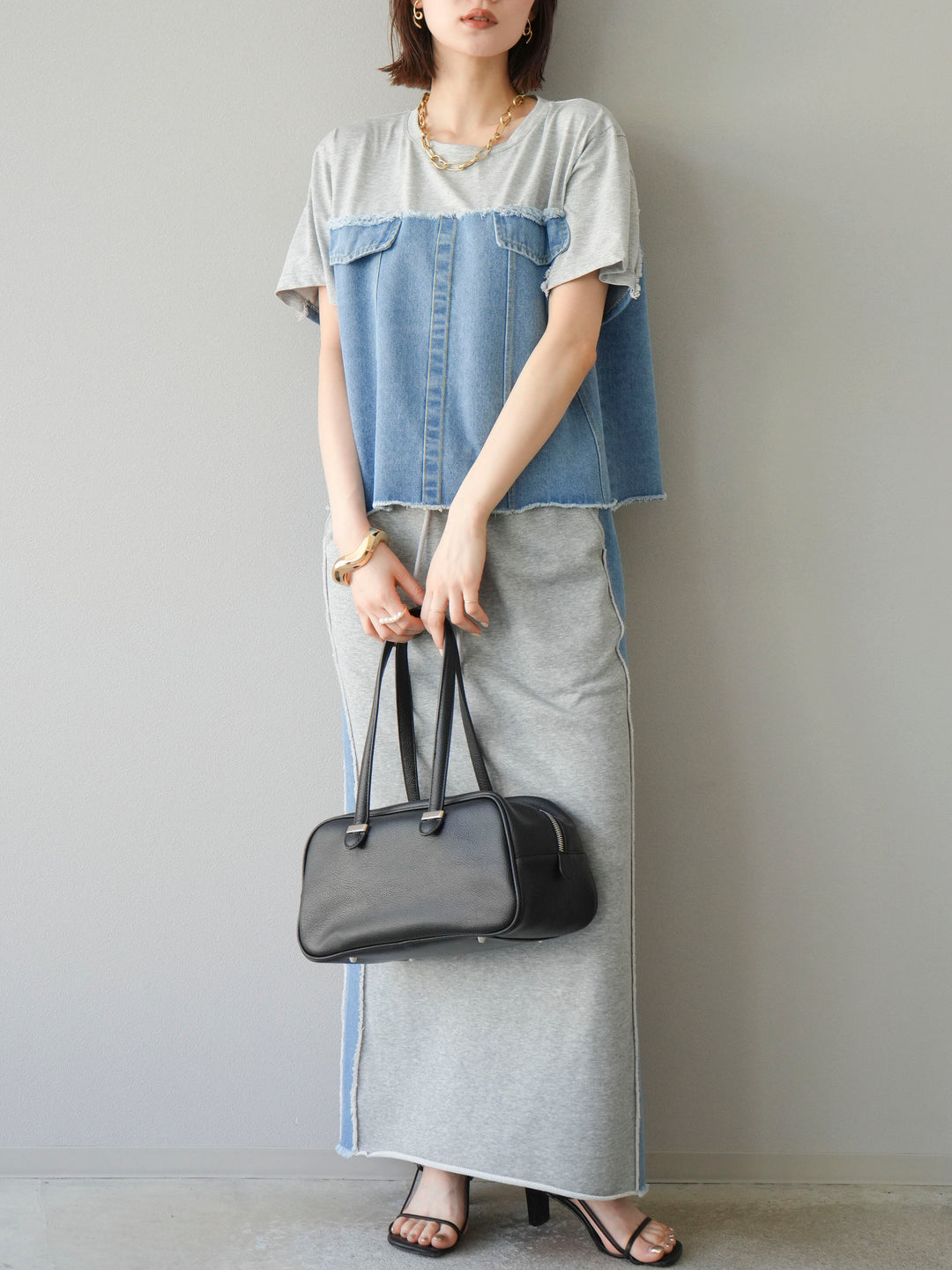 [予約]デニムドッキングスウェットスカート/グレー