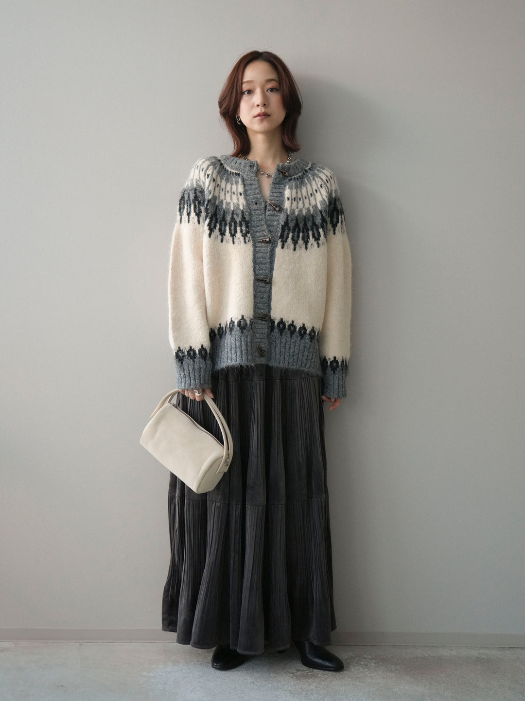 [予約]トグルボタン求心柄ニットカーディガン/gray