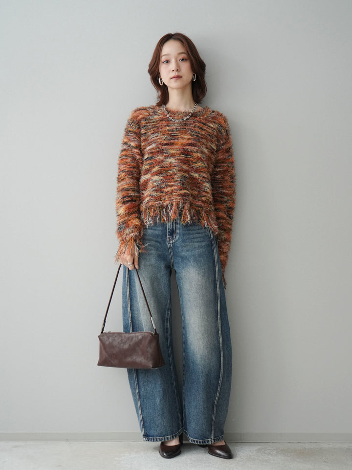 [SET]裾フリンジミックスヤーンシャギープルオーバー+サイド切替カーブデニムパンツ(2set)