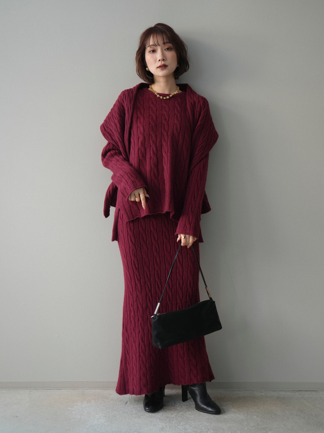 [SET]ストール付ケーブルニットプルオーバー&ロングスカートSET UP(2set)