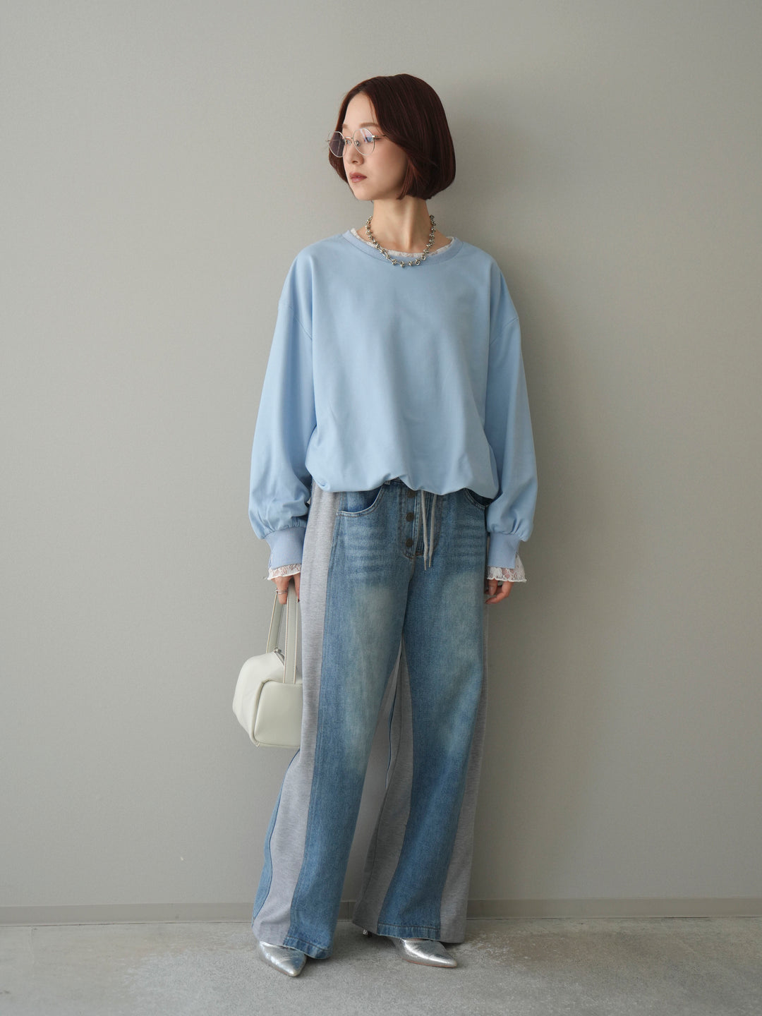 [予約]袖レースカットバルーンプルオーバー/sax