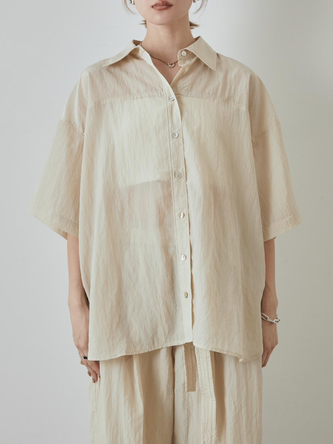 【預購】2WAY尼龍墊圈半身襯衫/奶油色