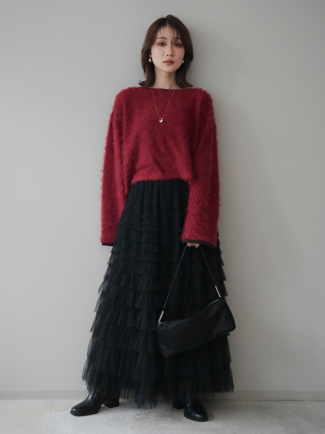 [予約]バイカラー2WAYシャギーニットカーディガン/red