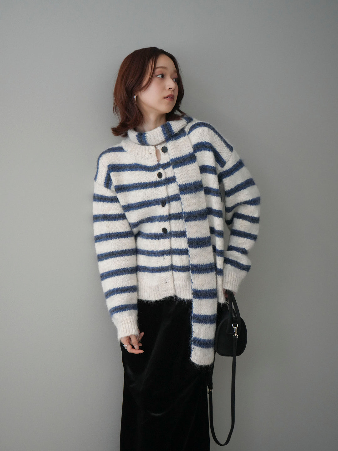 [予約]ボウタイ付きボーダーニットプルオーバー/white