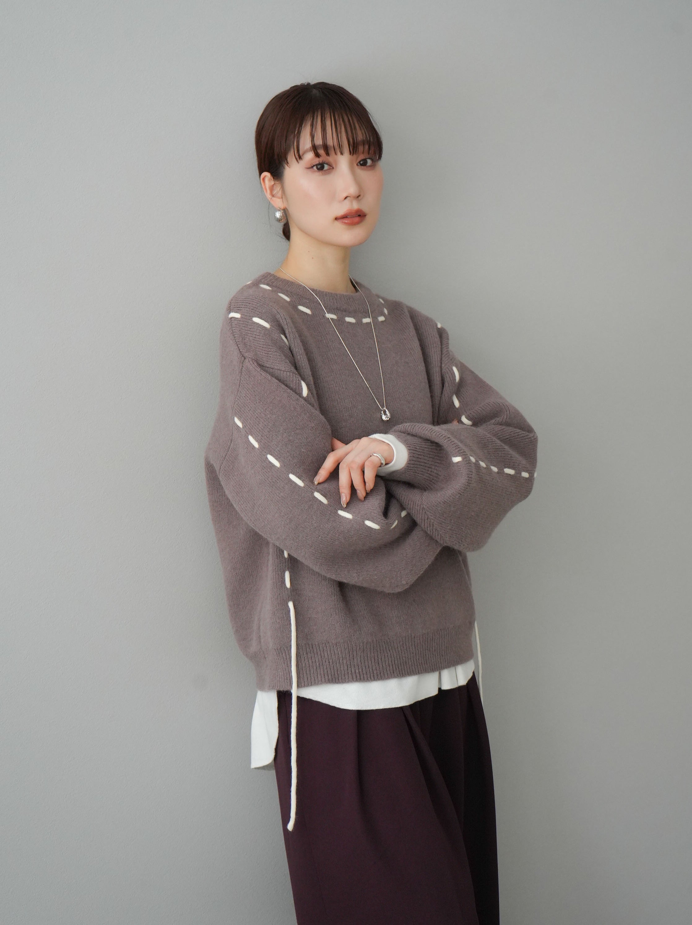 SET]ステッチデザインニットプルオーバー+選べるアクセセット(2set