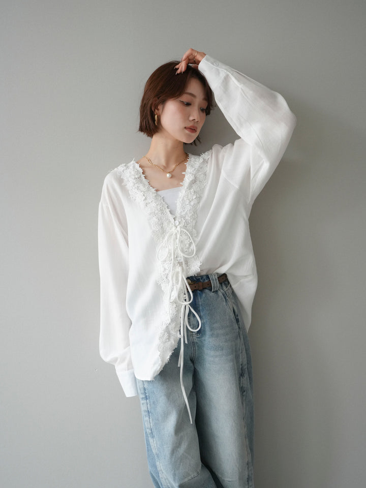 [SET]レースフロントリボンブラウス+サイドベルトワイドカーブデニム(2set)