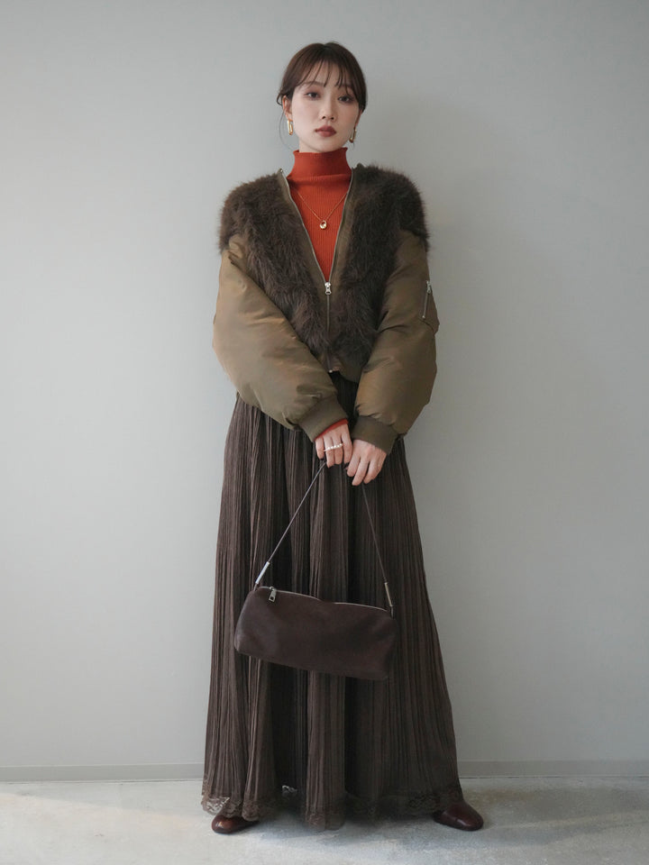 [SET]ファードッキングMA-1+袖ボタンボトルネックリブニットトップス+裾レーススウェードプリーツマキシスカート(3set)