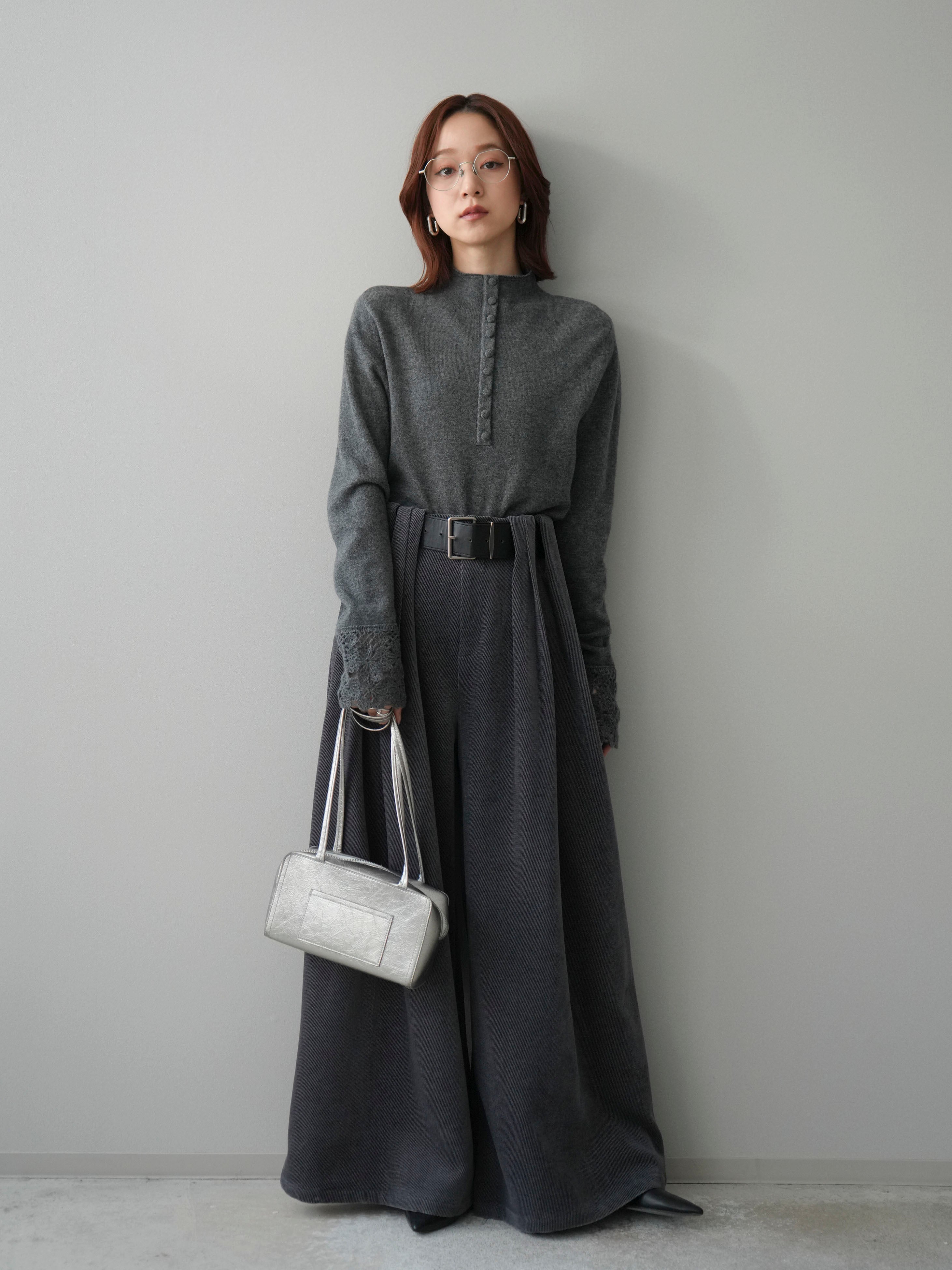 SET]袖スカラップレースフロントボタンウールニットトップス+ベルト