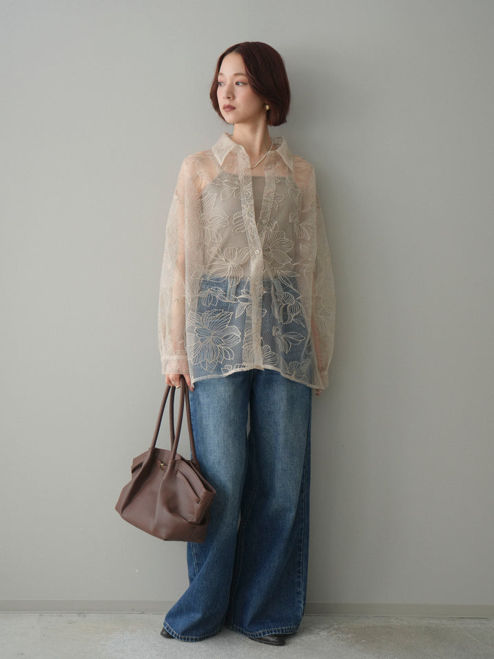 [予約]チュールフラワー刺繍オーバーシャツ/ecru