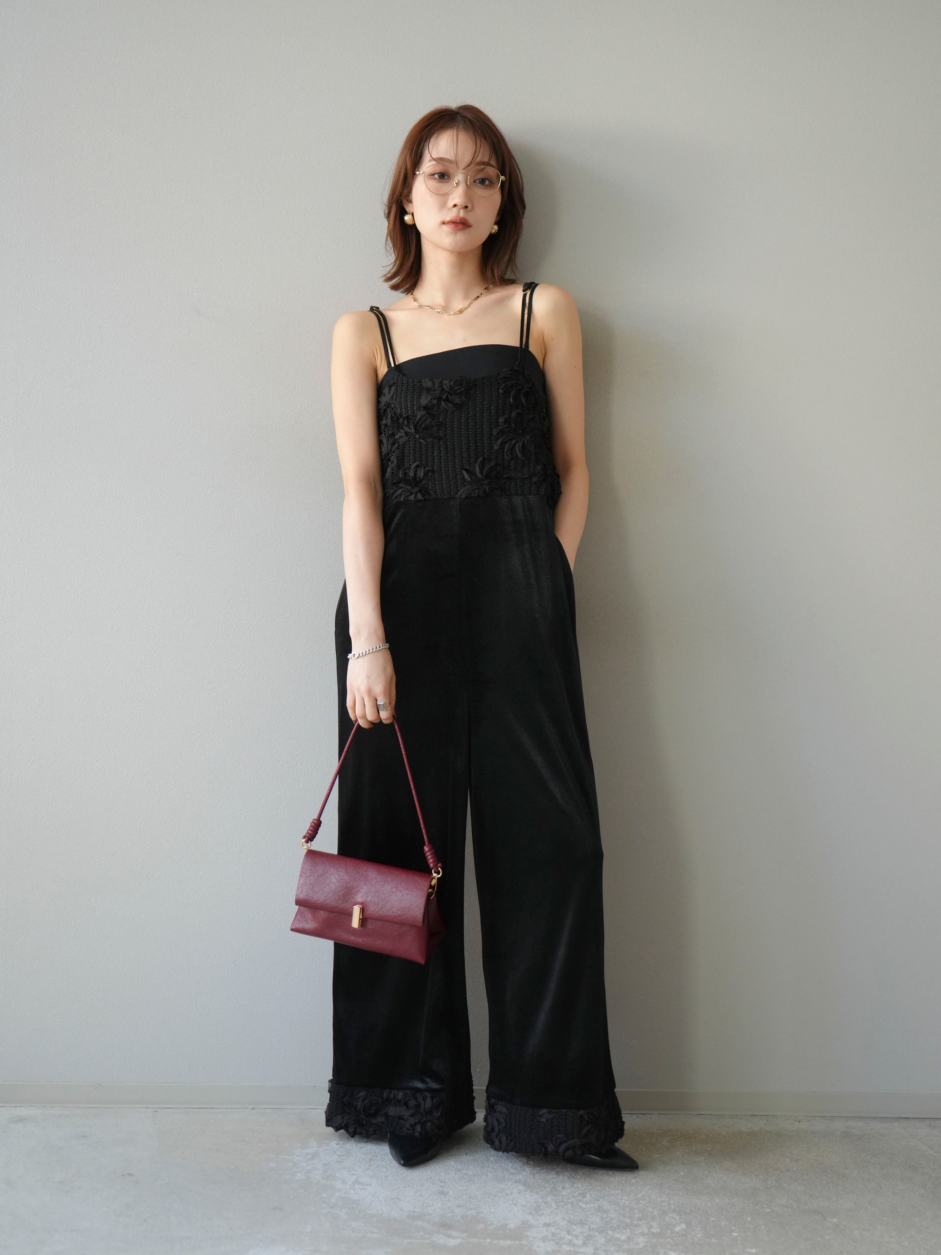 予約]ジャガード切替ベロアサロペット/ブラック – Lumier