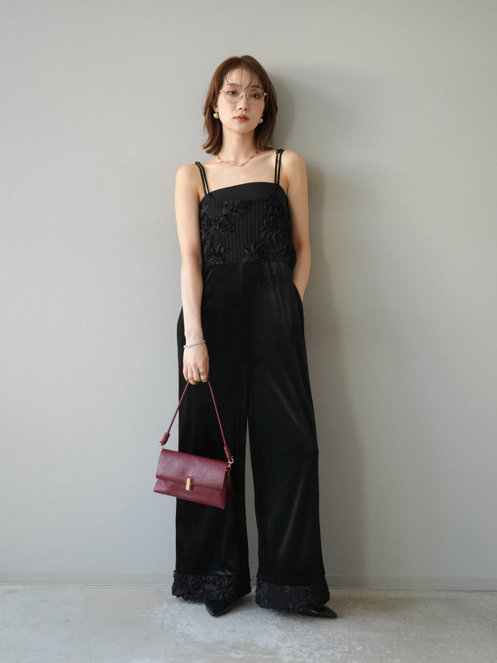 [予約]ジャガード切替ベロアサロペット/ブラック