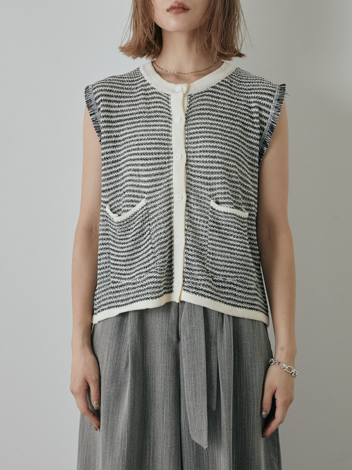 [予約]ボーダー袖フリンジニットベスト/オフ