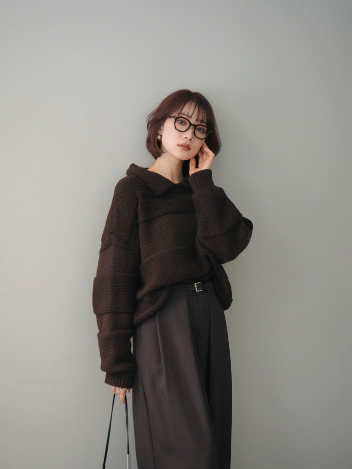 [予約]襟付きボーダー編みニットプルオーバー/brown