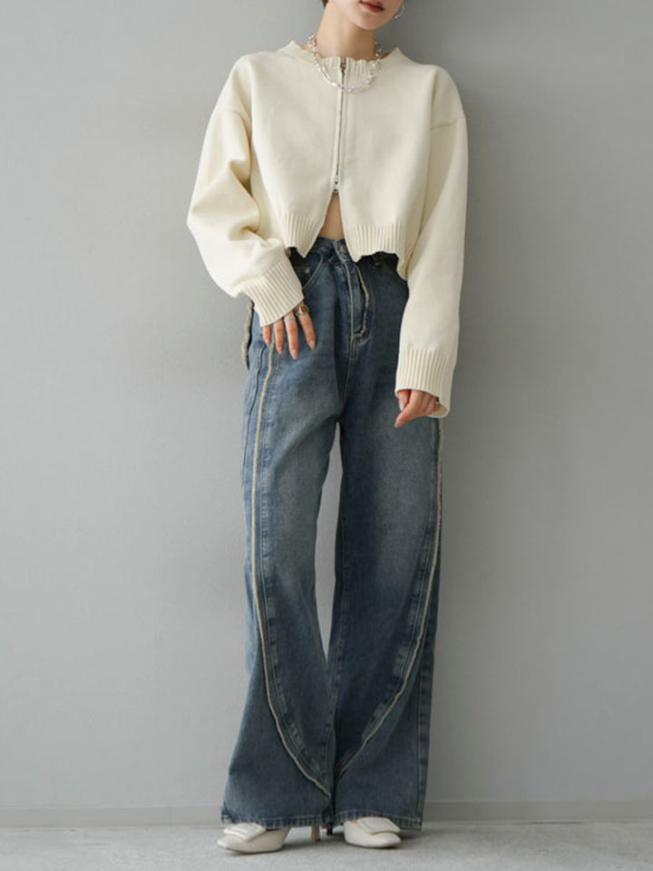 [SET] Double zip cropped knit cardigan + fringe boyfriend denim (2set)